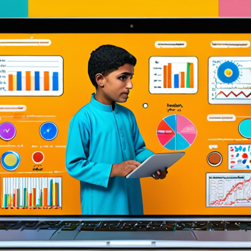 Home 11 ** A vibrant digital illustration showcasing diverse individuals (including children) interacting with simplified scientific concepts presented through colorful infographics and short videos on various digital devices. The scene should evoke a sense of curiosity and accessibility, highlighting how digital media makes complex ideas understandable. Use Arabic-style patterns in the background.
**
