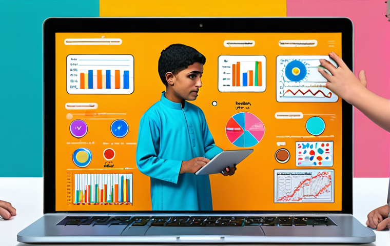 ** A vibrant digital illustration showcasing diverse individuals (including children) interacting with simplified scientific concepts presented through colorful infographics and short videos on various digital devices. The scene should evoke a sense of curiosity and accessibility, highlighting how digital media makes complex ideas understandable. Use Arabic-style patterns in the background.
**