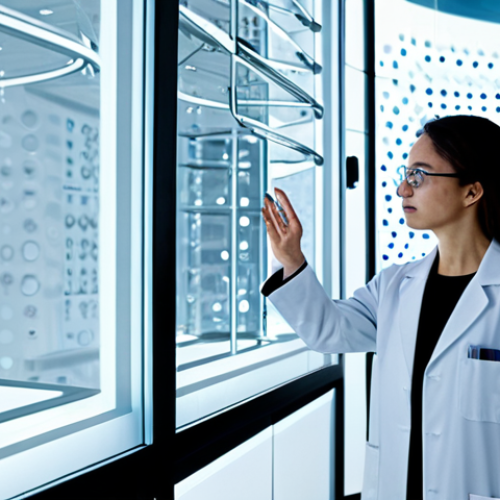 Home 6 A professional scientist, fully clothed in a clean, modest lab coat and appropriate attire, stands in a brightly lit, futuristic materials research laboratory. They are looking at a transparent holographic display showcasing complex molecular structures and AI-generated material simulations. The lab features sleek, ergonomic furniture and advanced analytical equipment, conveying an atmosphere of innovation and discovery. Perfect anatomy, correct proportions, natural pose, well-formed hands, proper finger count, natural body proportions. Safe for work, appropriate content, fully clothed, professional photography, high quality.