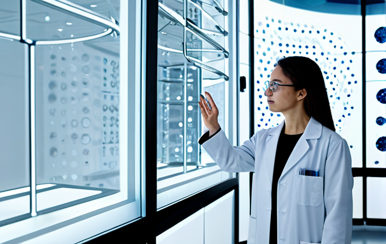 A professional scientist, fully clothed in a clean, modest lab coat and appropriate attire, stands in a brightly lit, futuristic materials research laboratory. They are looking at a transparent holographic display showcasing complex molecular structures and AI-generated material simulations. The lab features sleek, ergonomic furniture and advanced analytical equipment, conveying an atmosphere of innovation and discovery. Perfect anatomy, correct proportions, natural pose, well-formed hands, proper finger count, natural body proportions. Safe for work, appropriate content, fully clothed, professional photography, high quality.