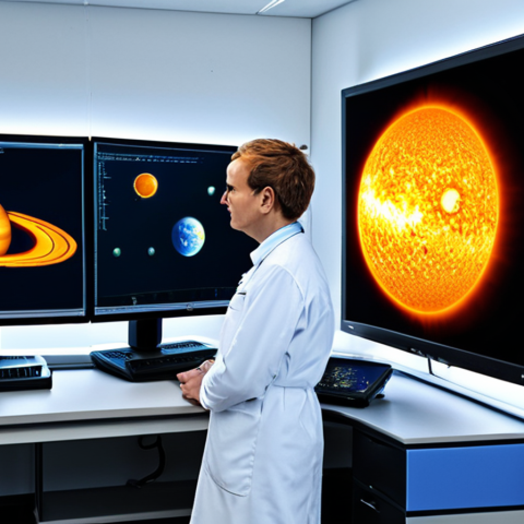 Planetary Simulation**

"A scientist in a modern, clean lab, fully clothed in appropriate lab attire, observing a complex physics simulation of planets orbiting a sun on a large monitor. The simulation shows subtle gravitational interactions, safe for work, professional setting, perfect anatomy, correct proportions, well-lit, family-friendly, appropriate content."

**