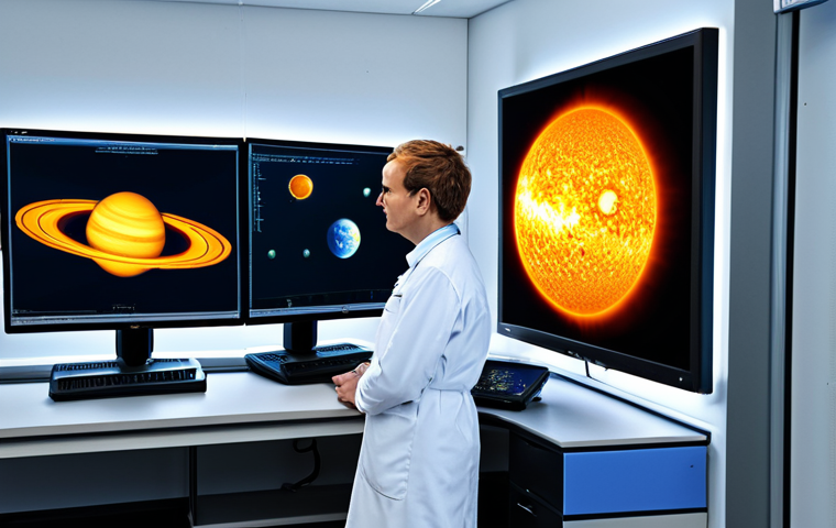 Planetary Simulation**
"A scientist in a modern, clean lab, fully clothed in appropriate lab attire, observing a complex physics simulation of planets orbiting a sun on a large monitor. The simulation shows subtle gravitational interactions, safe for work, professional setting, perfect anatomy, correct proportions, well-lit, family-friendly, appropriate content."
**