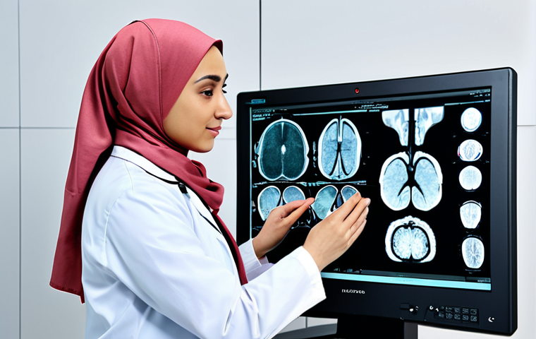 물리학 이론의 실무적 활용 - Modern Medical Imaging**
"A fully clothed female doctor, wearing a lab coat and modest hijab, exami...