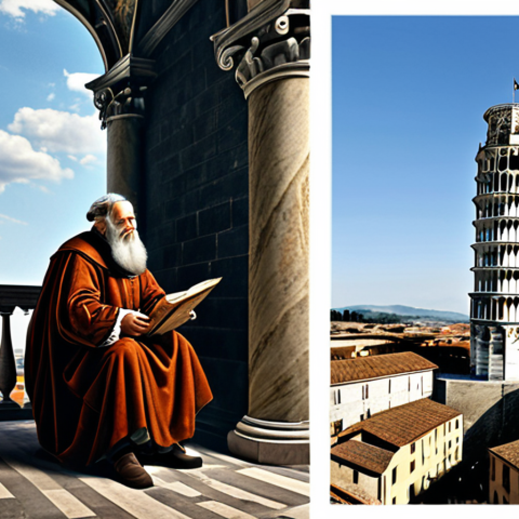 물리학 이론과 실험의 융합 - **A detailed illustration of Galileo Galilei observing objects falling from the Leaning Tower of Pis...