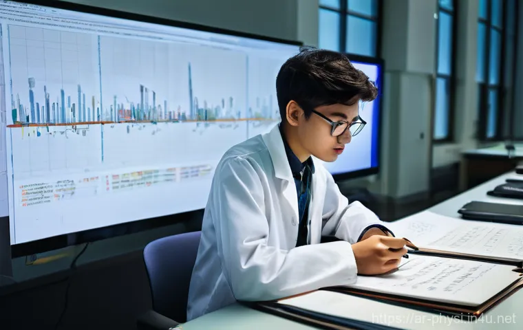 물리학 실험 데이터 분석법 - **Prompt:** A young, determined physics student, dressed in a neat, modest lab coat over a long-slee...