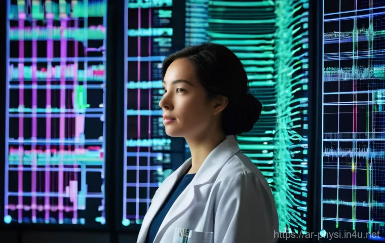 물리학 실험을 위한 데이터 시각화 - **Prompt 1: The Eureka Moment of Data Unveiling**
"A brilliant, focused female physicist, dresse...