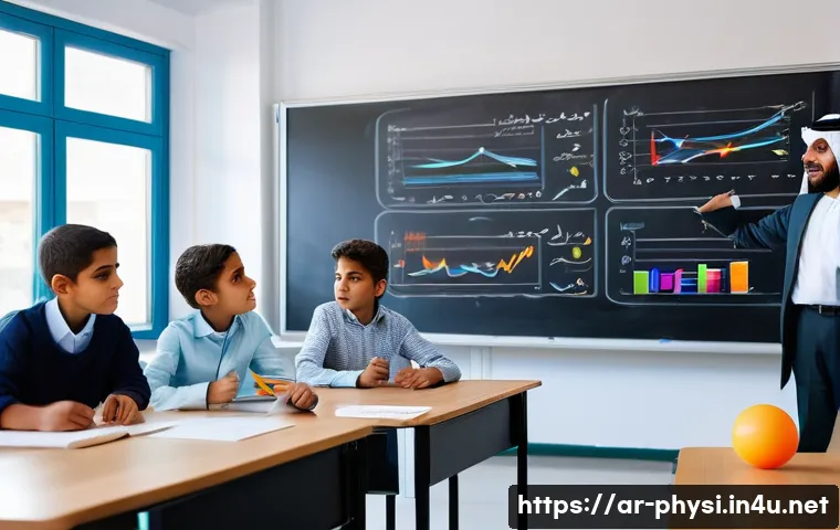 물리학 기초부터 심화 학습법 - A detailed classroom scene in a modern Arab school setting where a diverse group of attentive studen...