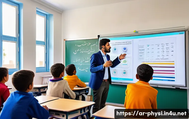 물리학 교육용 자료 제작 - A vibrant classroom scene in a modern Arab school where a physics teacher uses a large interactive s...