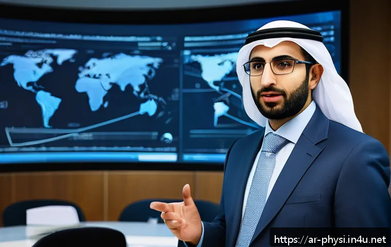 물리학 커리어를 위한 언어 능력 - A professional Arab physicist in a modern conference room delivering a clear scientific presentation...