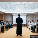 Home 21 물리학 학회 발표 준비 - A modern conference room setting in a Middle Eastern university, featuring an Arab male physics prof...