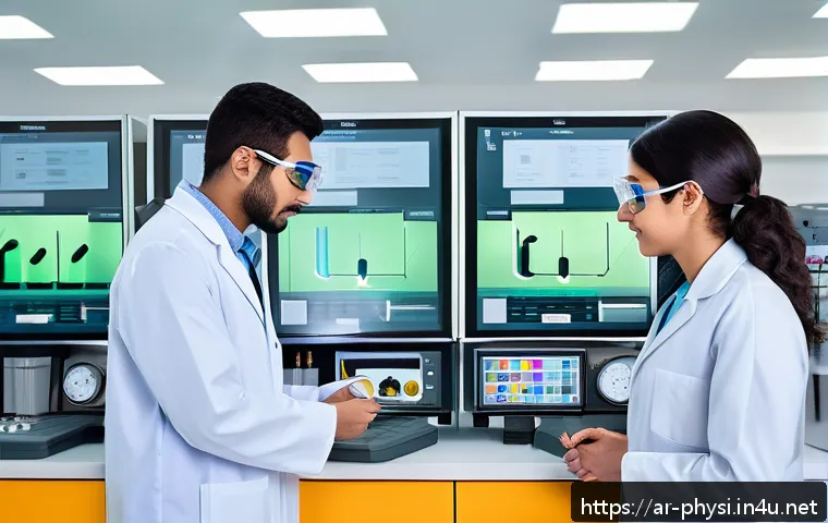물리학 학부생의 연구실 참여 방법 - A detailed, realistic physics laboratory scene designed for Arabic-speaking students, showing a dive...