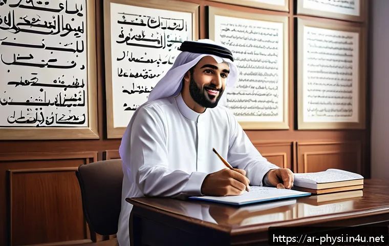 물리학 논문의 문법 교정 - A modern Arab scientific researcher in a well-lit, traditional Arabic study room, surrounded by Arab...