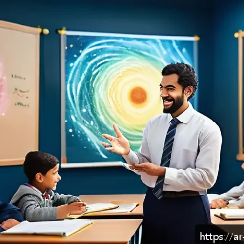 Home 30 물리학자의 과학 대중화 활동 - A warm, inviting classroom scene set in a modern Arab educational environment, featuring an enthusia...