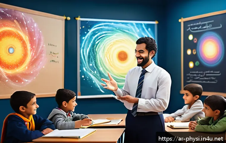 물리학자의 과학 대중화 활동 - A warm, inviting classroom scene set in a modern Arab educational environment, featuring an enthusia...