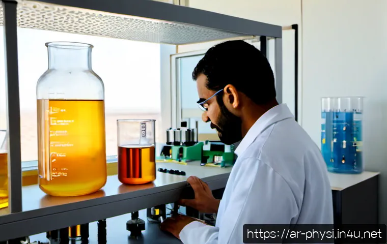 물리학자의 윤리적 책임 - Photorealistic Arab physicist in a modest modern research laboratory, thoughtfully reviewing a safe-...