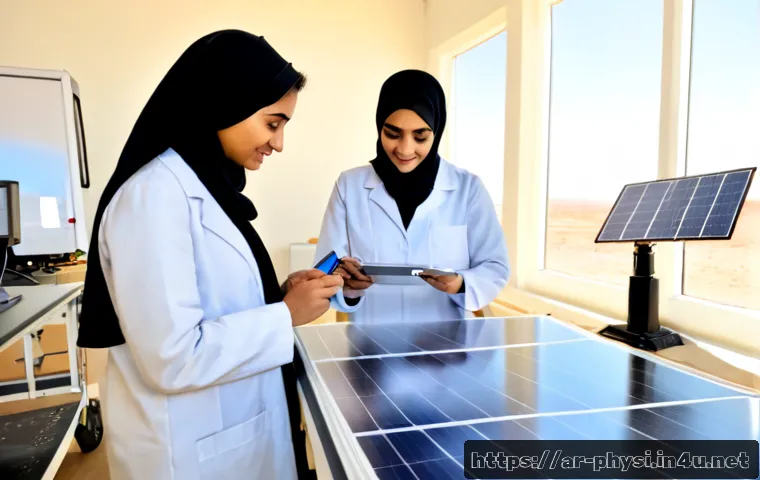 물리학과 산업계 협력 사례 - Photorealistic university physics laboratory in a modern Middle Eastern research center, an Arab wom...